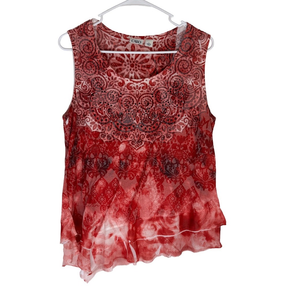 Cato Tank Top Women Large Red Mandala Rhinestone Boho Asymmetrical Layered Hem